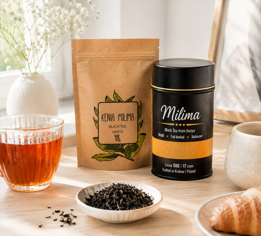 Kenia Milima Leo Tea – elegancka puszka, doypack i kubek prezentowy